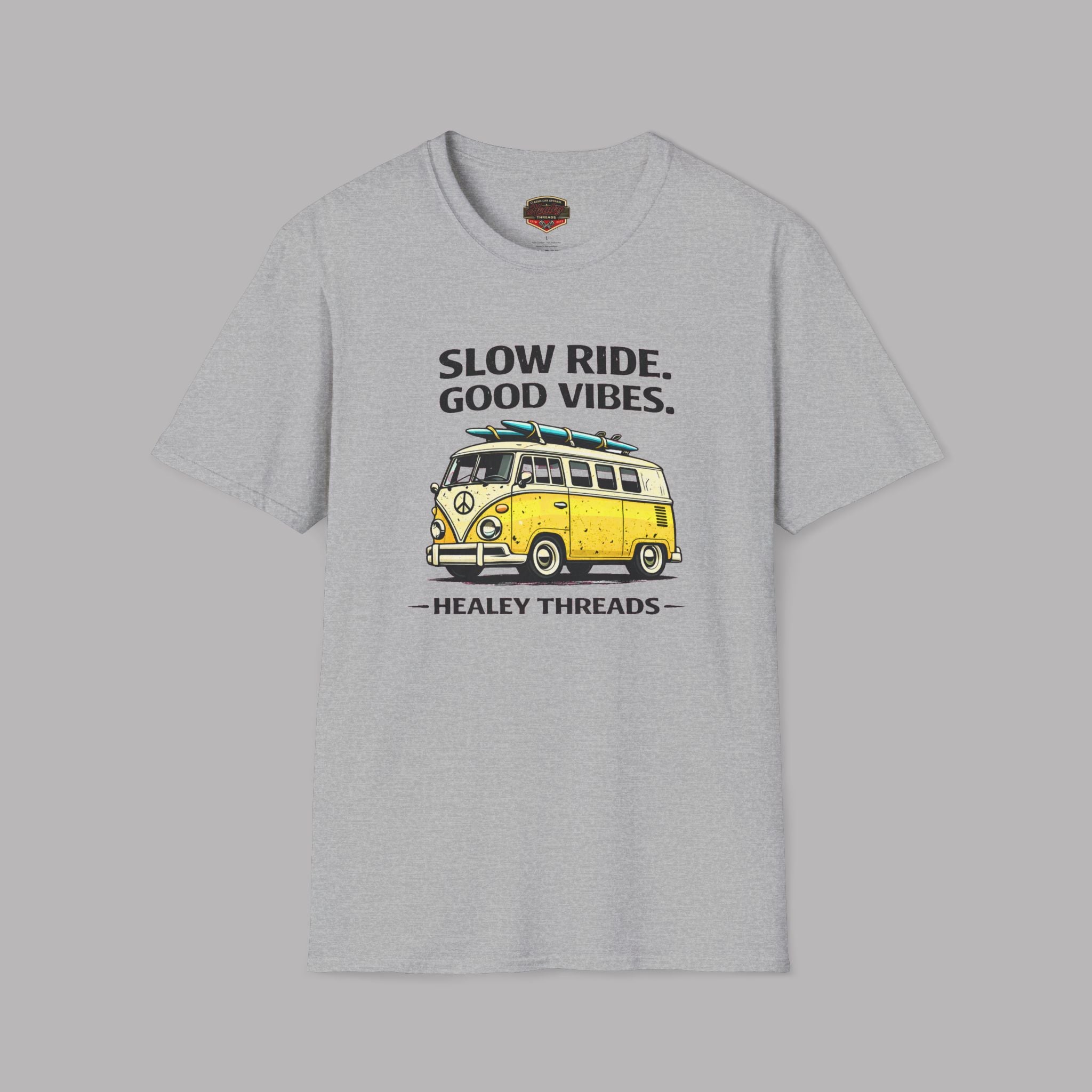 Sport gray t-shirt with a yellow van graphic and text on a gray background