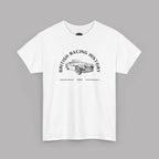 White t-shirt with black graphic design on a gray background