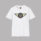 Austin Healey winged badge logo with navy and gold circular emblem, heraldic shield, and cream wings on a white t-shirt flat on gray background