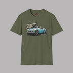 Military green t-shirt with a classic car graphic and text on a gray background