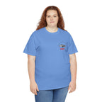 Person wearing a blue t-shirt with a Healey graphic on a white background