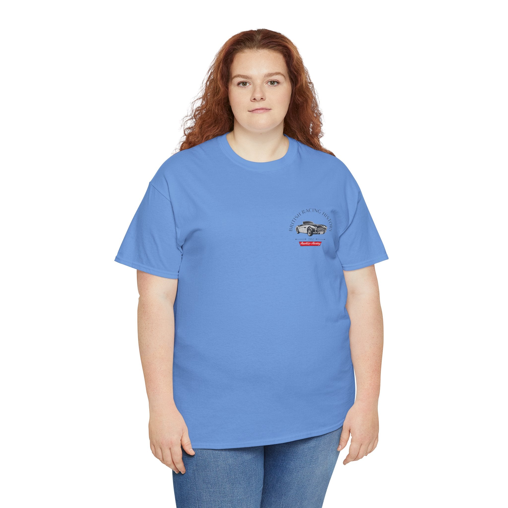 Person wearing a blue t-shirt with a Healey graphic on a white background