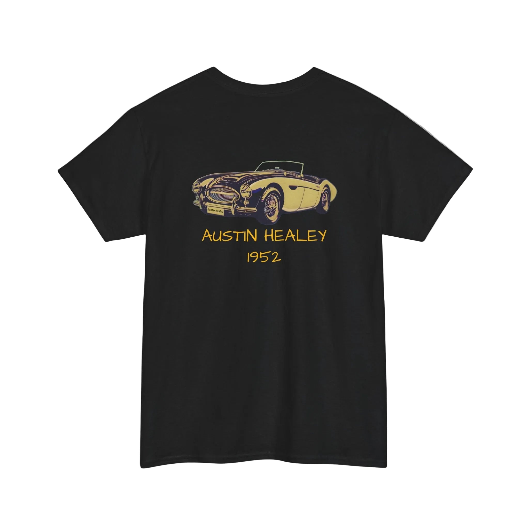 Back view of a black t-shirt with yellow Austin Healey 1952 graphic on a white background
