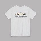 Back of a sport gray t-shirt with a Healey classic car graphic design on a gray background
