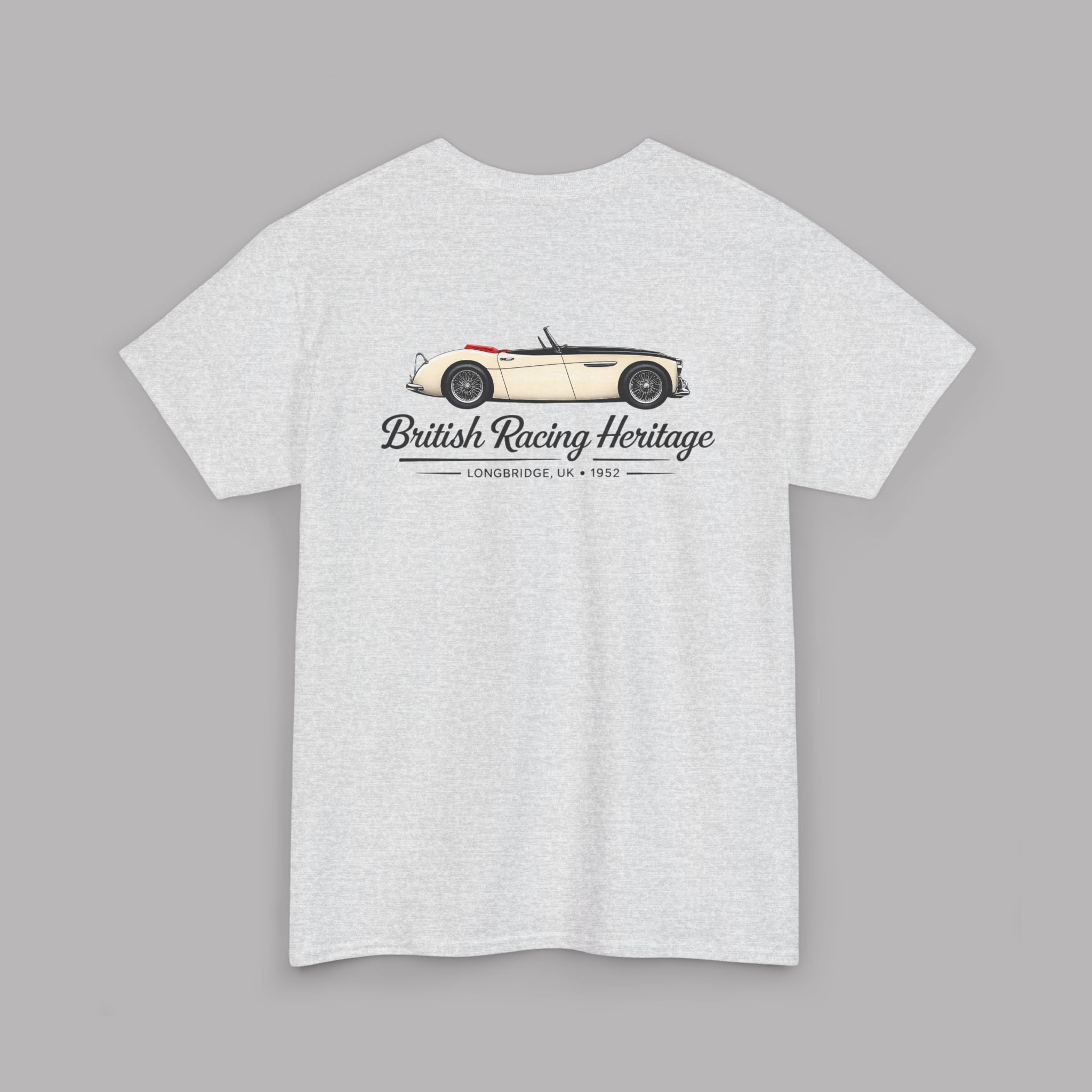 Ash t-shirt with a vintage Healey car graphic and black text on a gray background