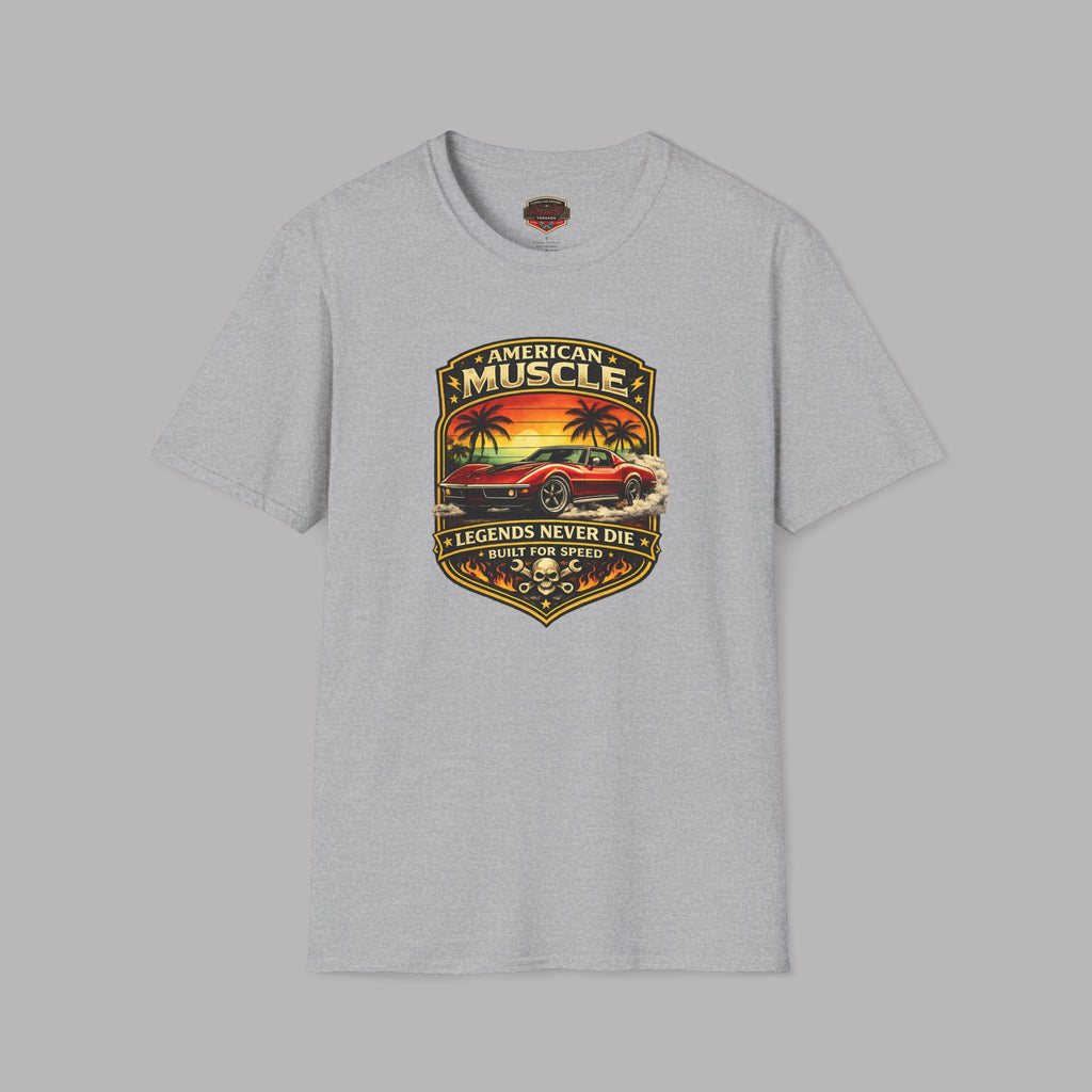 American Muscle T-Shirt - "Legends Never Die" Vintage Car Sunset Design