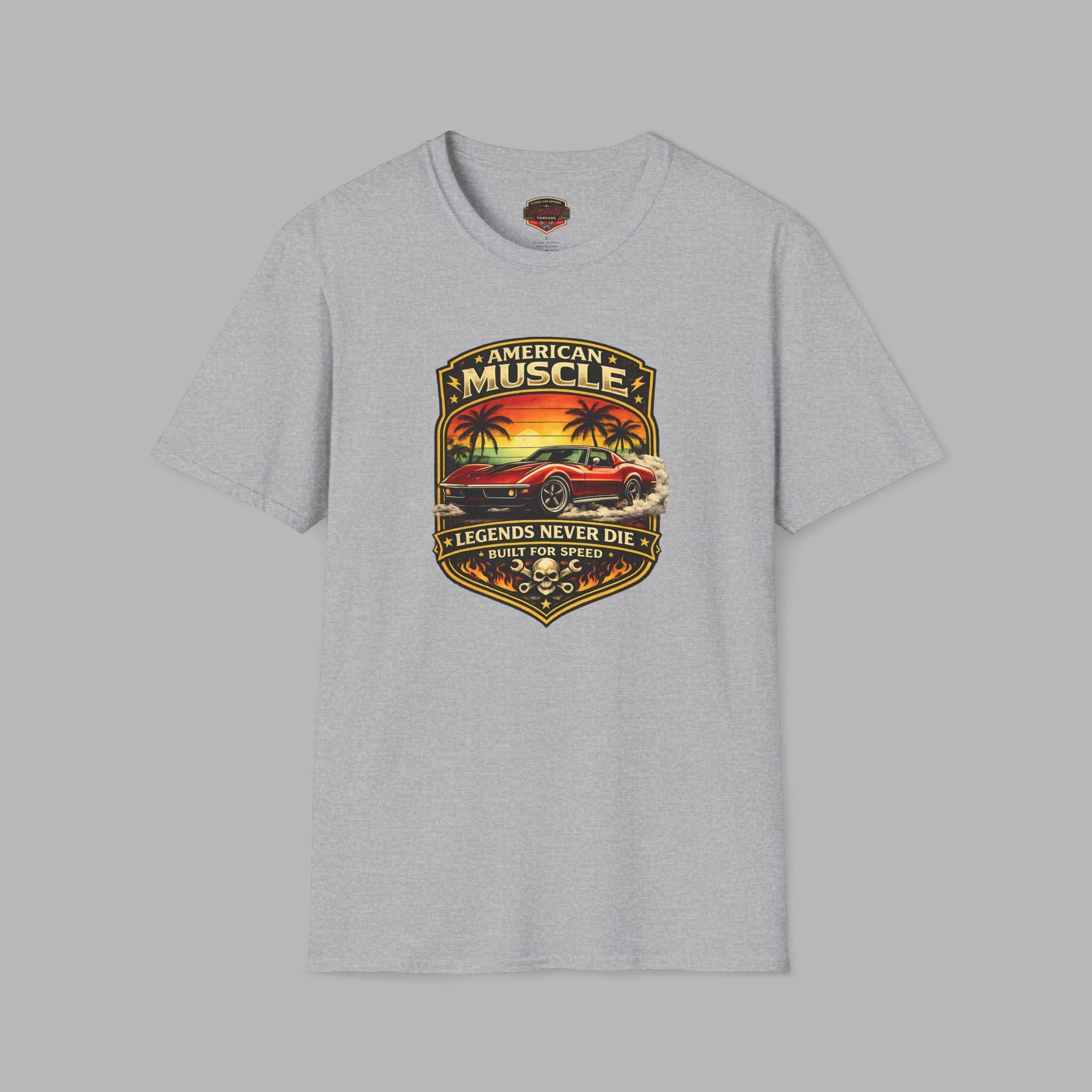 American Muscle T-Shirt - "Legends Never Die" Vintage Car Sunset Design