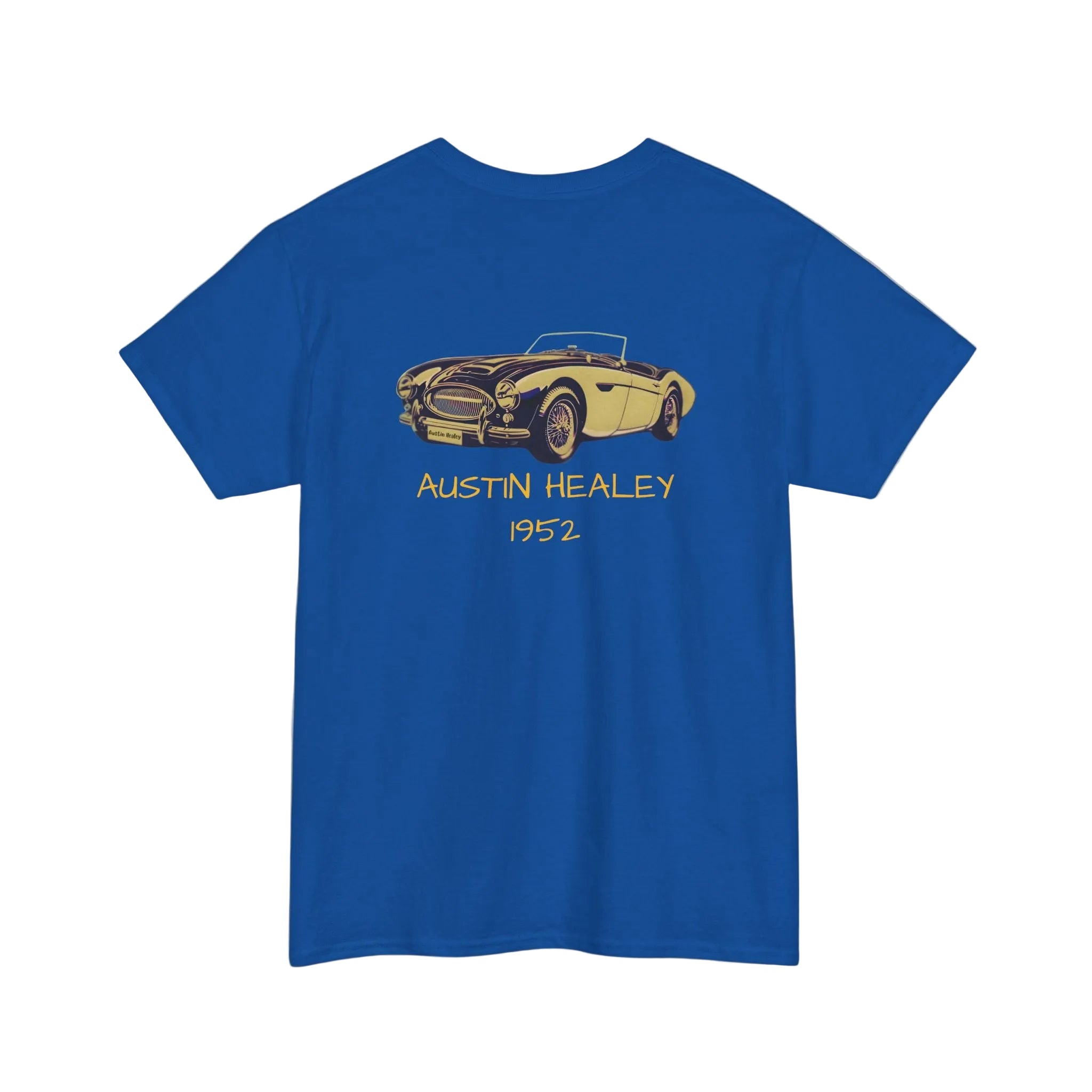 Back view of a true blue t-shirt with Austin Healey 1952 graphic on a white background
