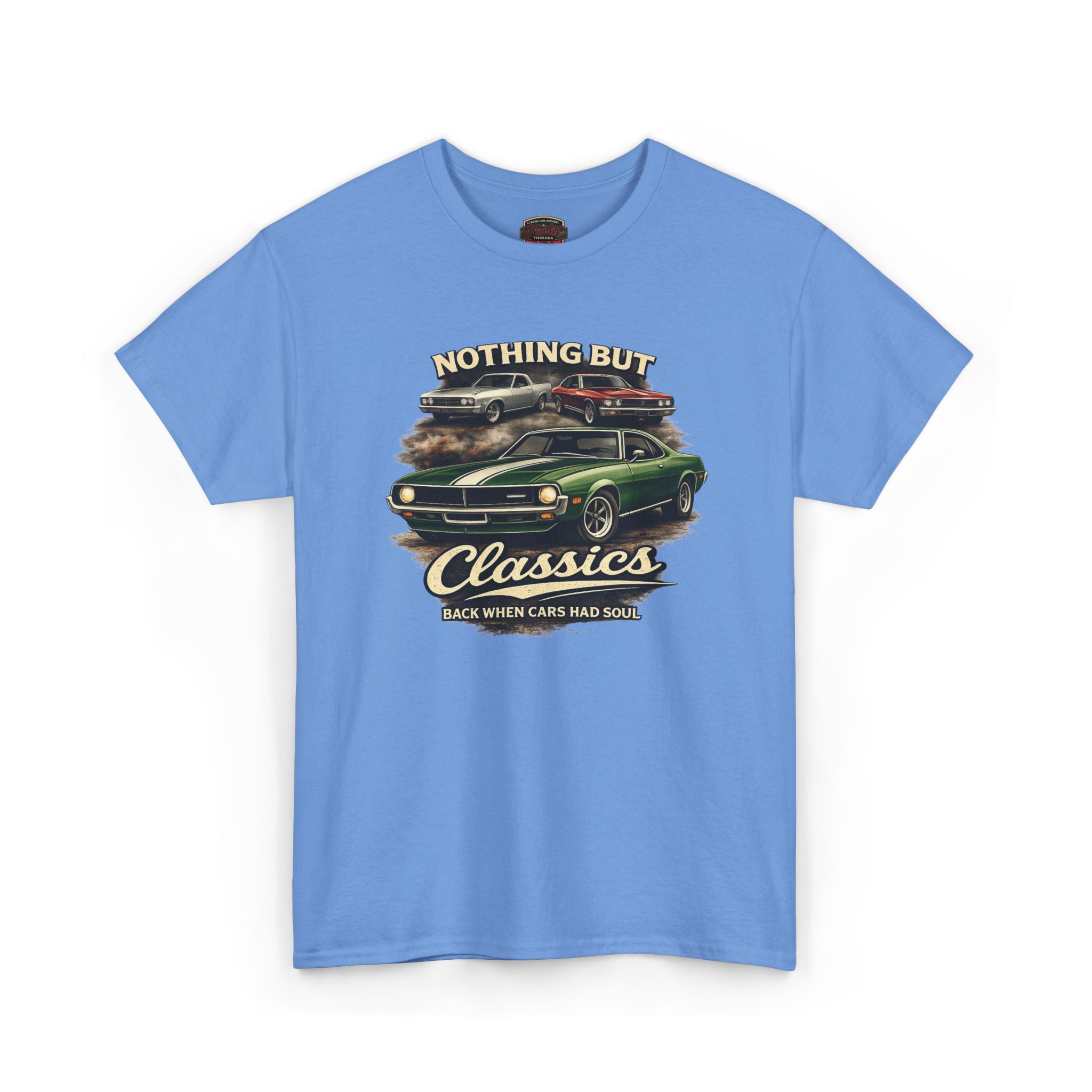 Carolina blue t-shirt with car graphic and text on a white background