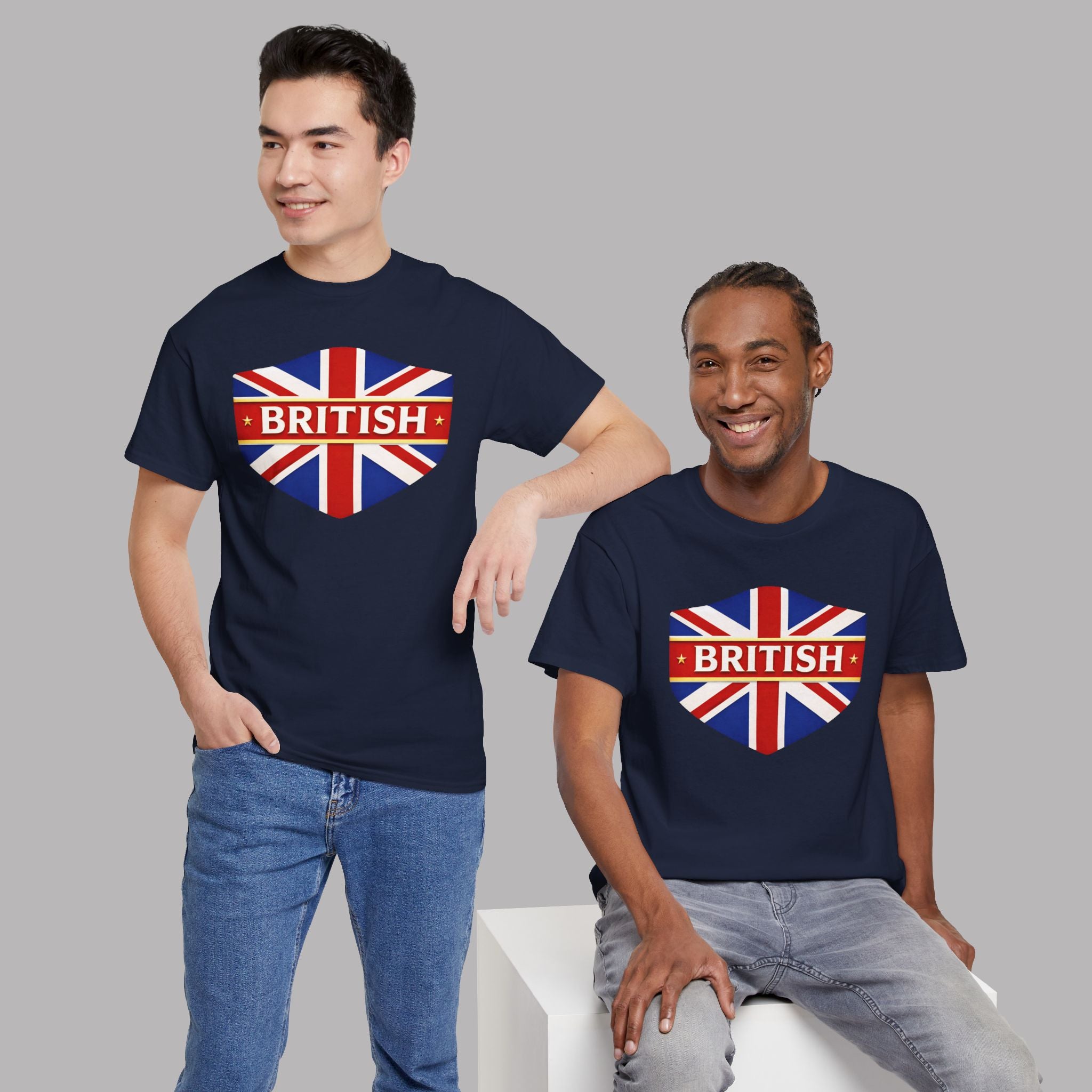 Two people wearing navy  blue t-shirts with a British logo, both showing front design.