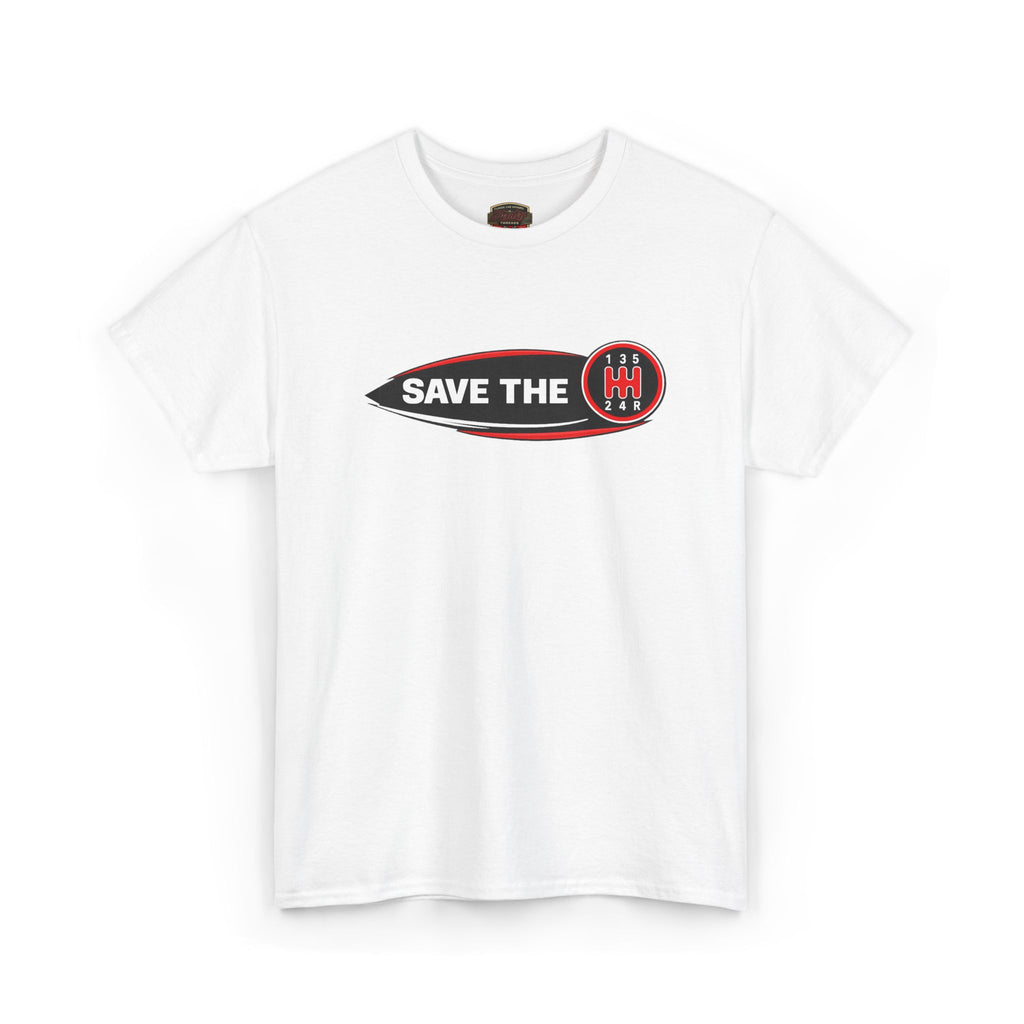 White t-shirt with 'Save the stick shift' graphic design on a white background
