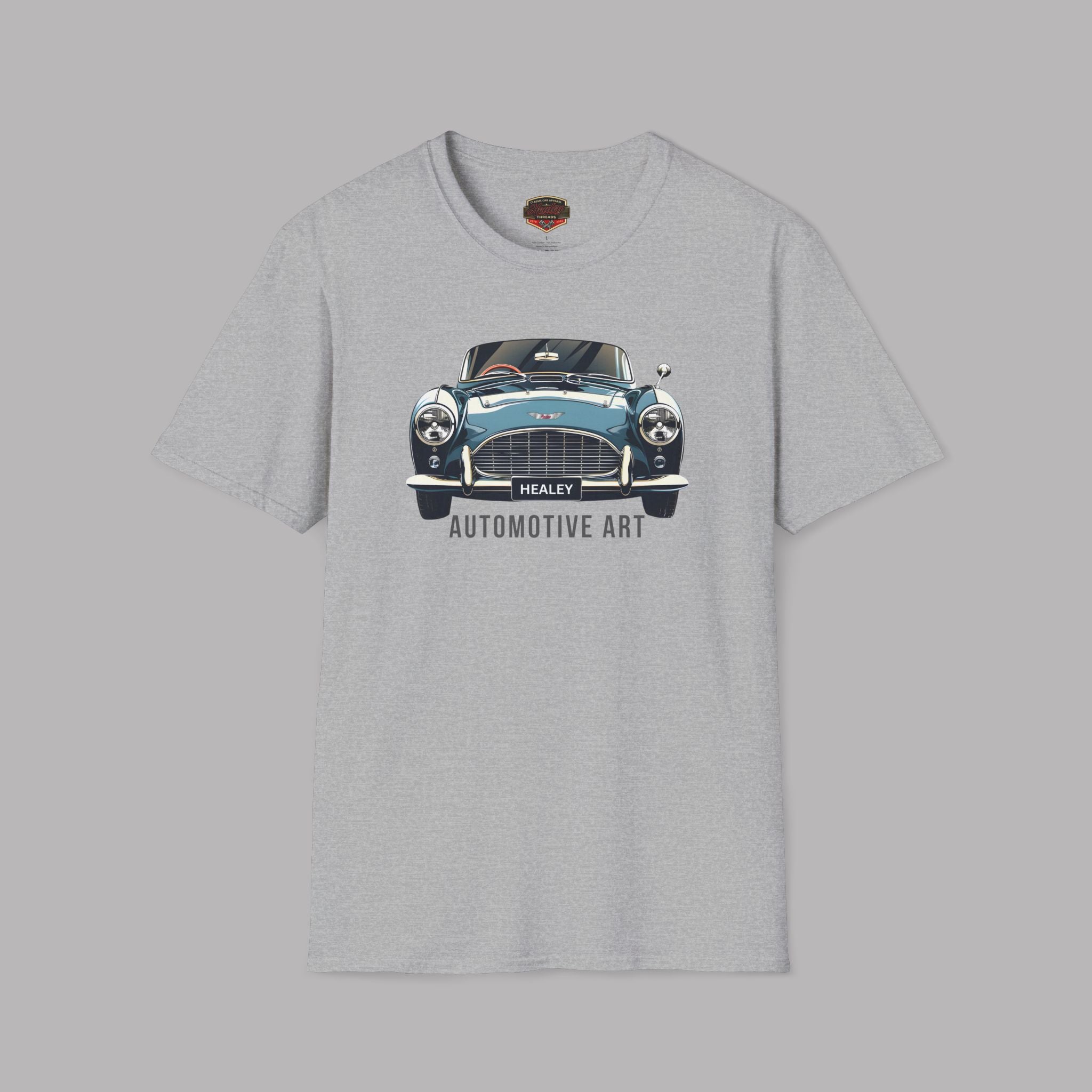 Sport gray t-shirt with a vintage car graphic and 'Healey Automotive Art' text on a gray background