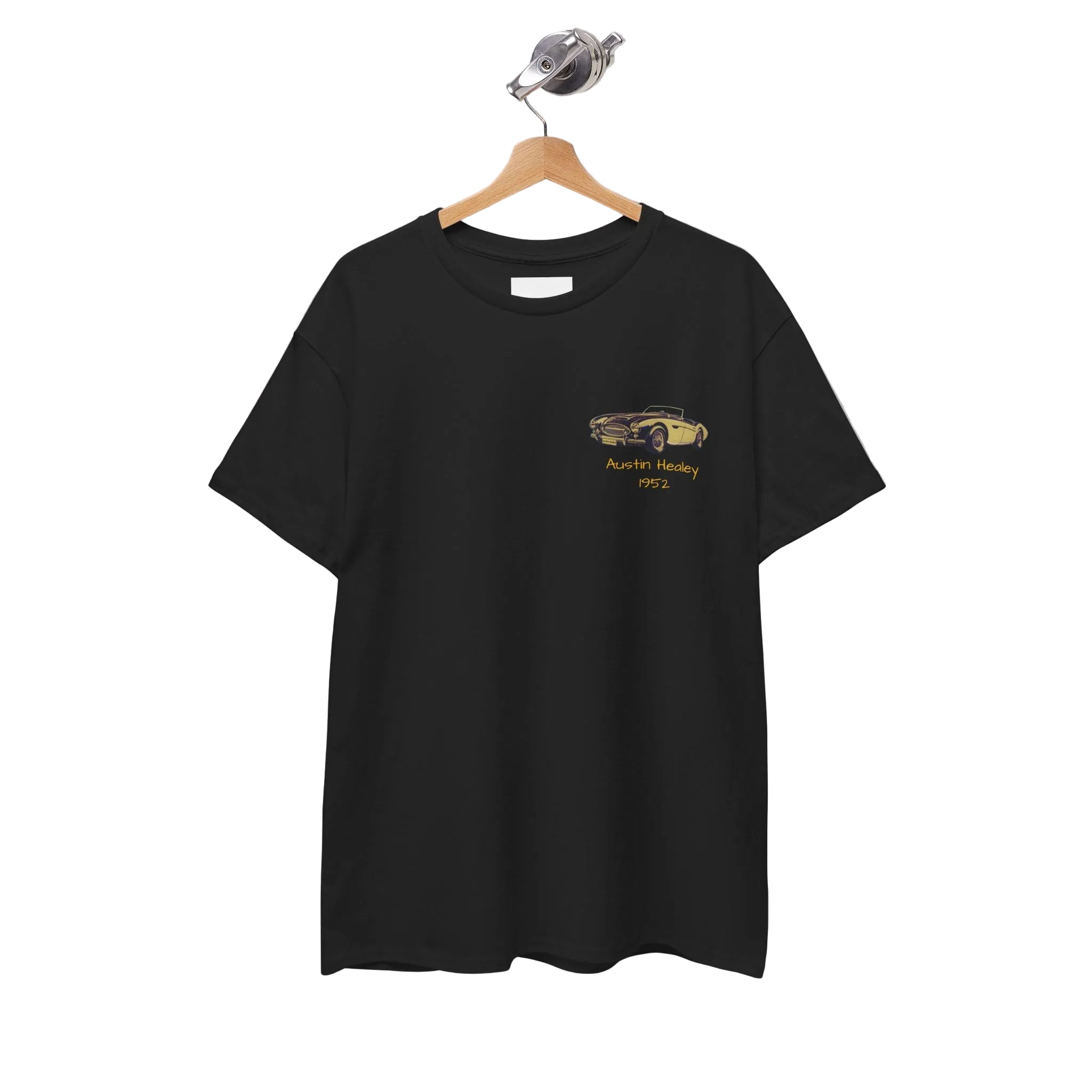 Black t-shirt with a yellow graphic on a hanger against a white background