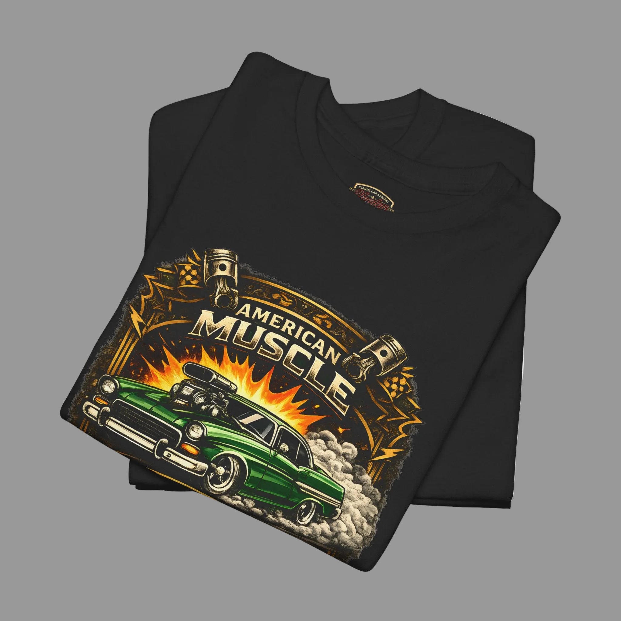 Black t-shirt with 'American Muscle' graphic design featuring a green car and flames on a gray background.