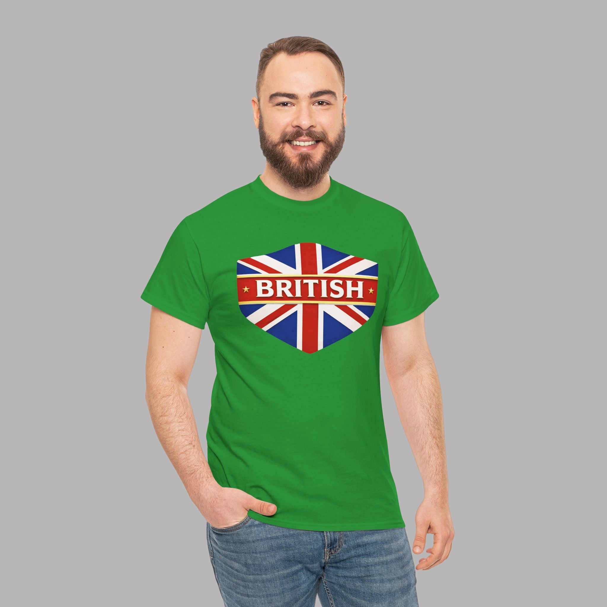 Man wearing a Irish green t-shirt with a Union Jack design and 'BRITISH' text on a gray background