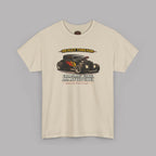 Sand t-shirt with a graphic of a classic car and text on a gray background