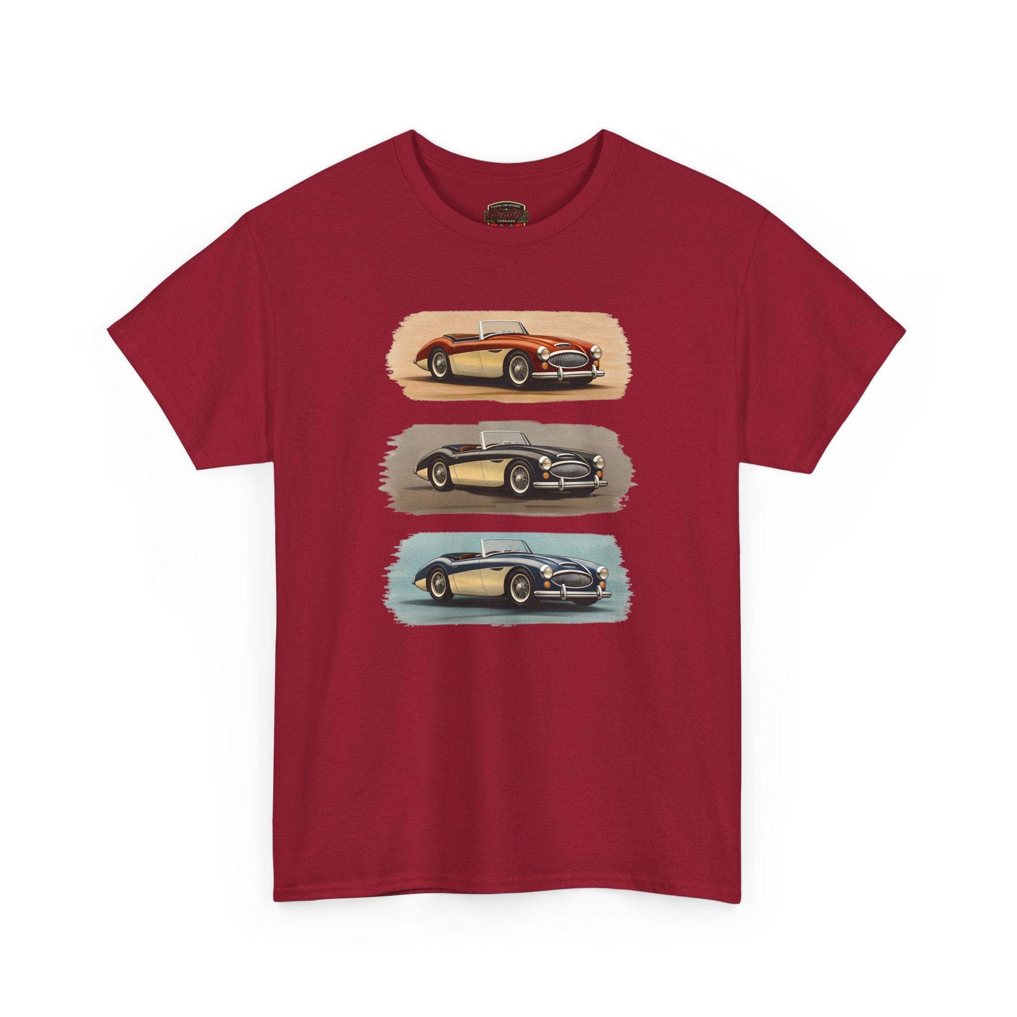 Cardinal red t-shirt with vintage Healey car graphics on a white background
