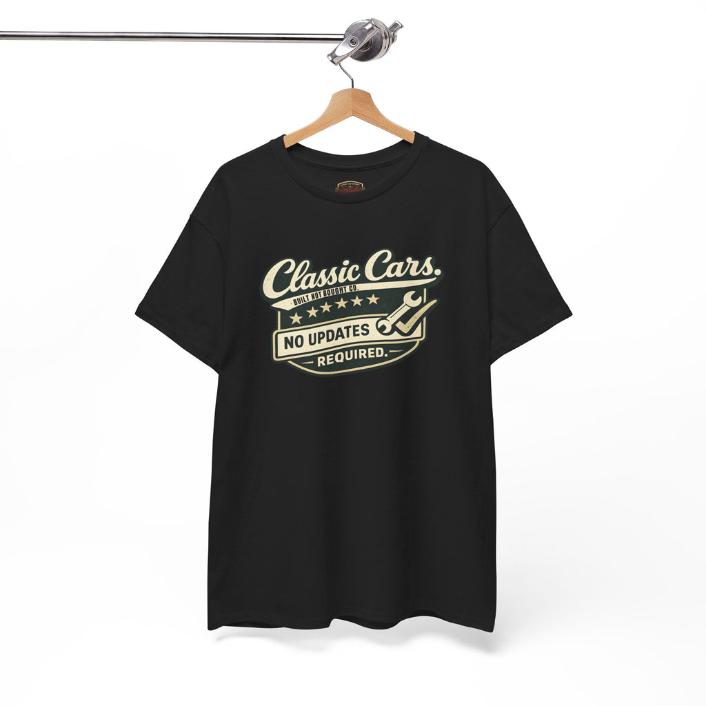 Black t-shirt with 'Classic Cars No Updates Required' text on a hanger against a white background