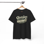 Black t-shirt with 'Classic Cars No Updates Required' text on a hanger against a white background