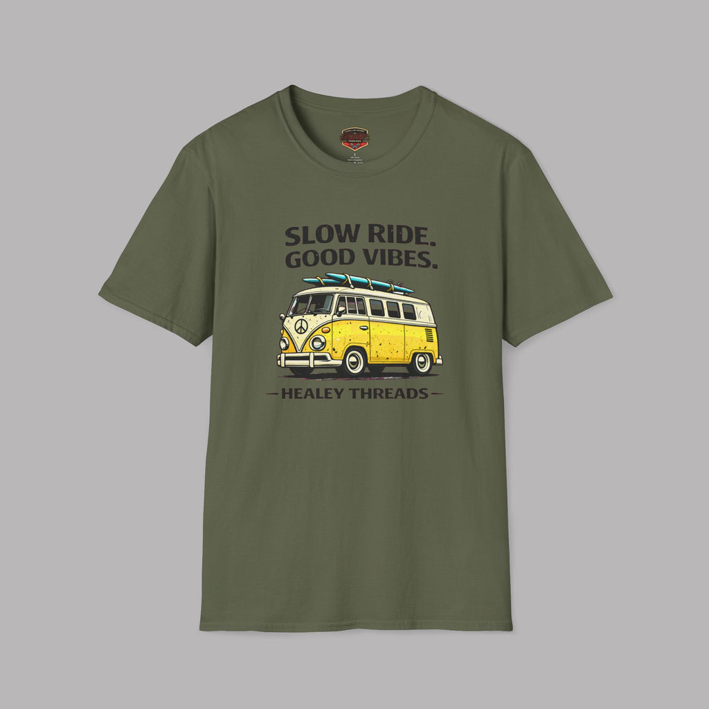 Military green t-shirt with a yellow van graphic and text on a gray background