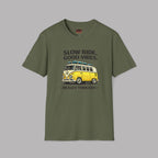 Military green t-shirt with a yellow van graphic and text on a gray background