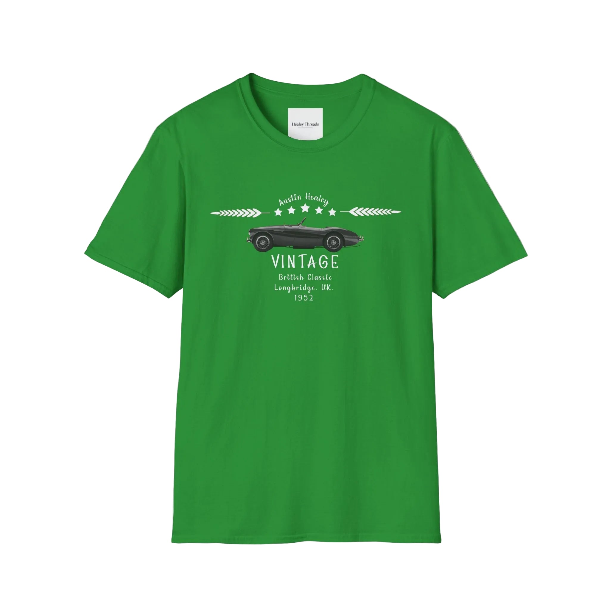 Irish green t-shirt with vintage car design on a white background