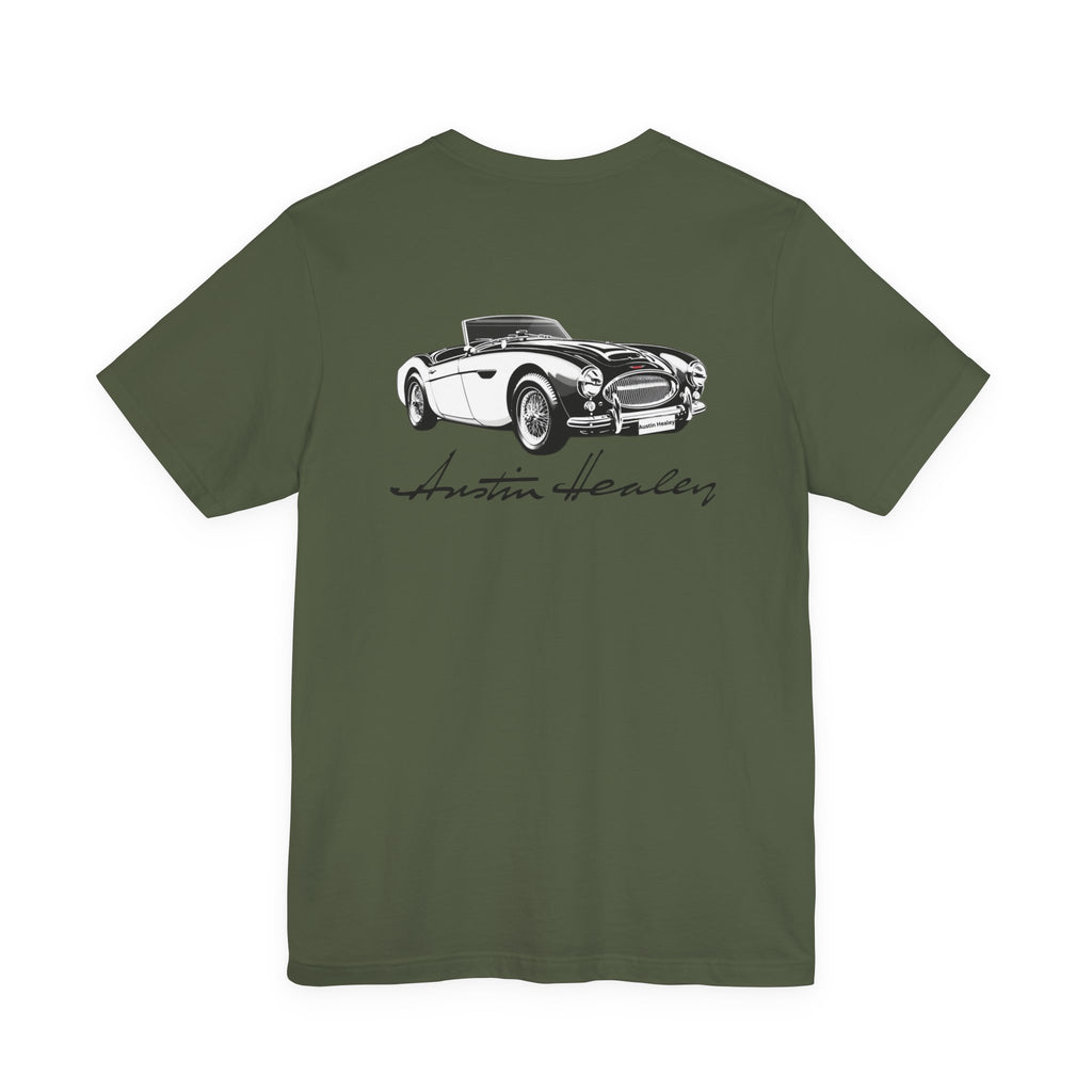 Back of a military green t-shirt with a black and white graphic of a classic car and 'Austin Healey' text on the back.