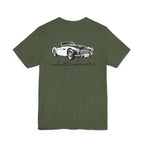 Back of a military green t-shirt with a black and white graphic of a classic car and 'Austin Healey' text on the back.