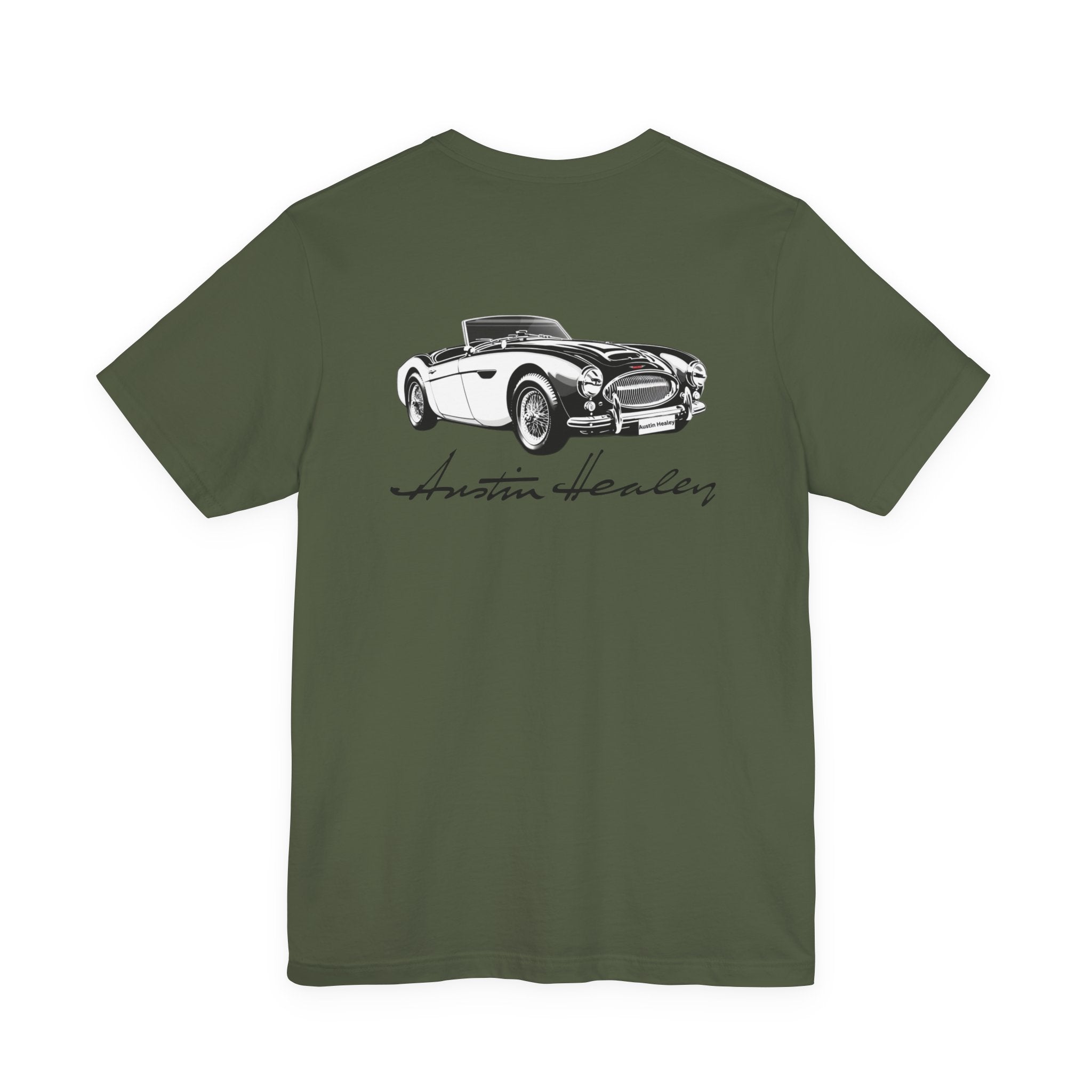 Back of a military green t-shirt with a black and white graphic of a classic car and 'Austin Healey' text on the back.