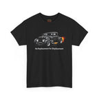 Black t-shirt with a hot rod graphic and text on a white background
