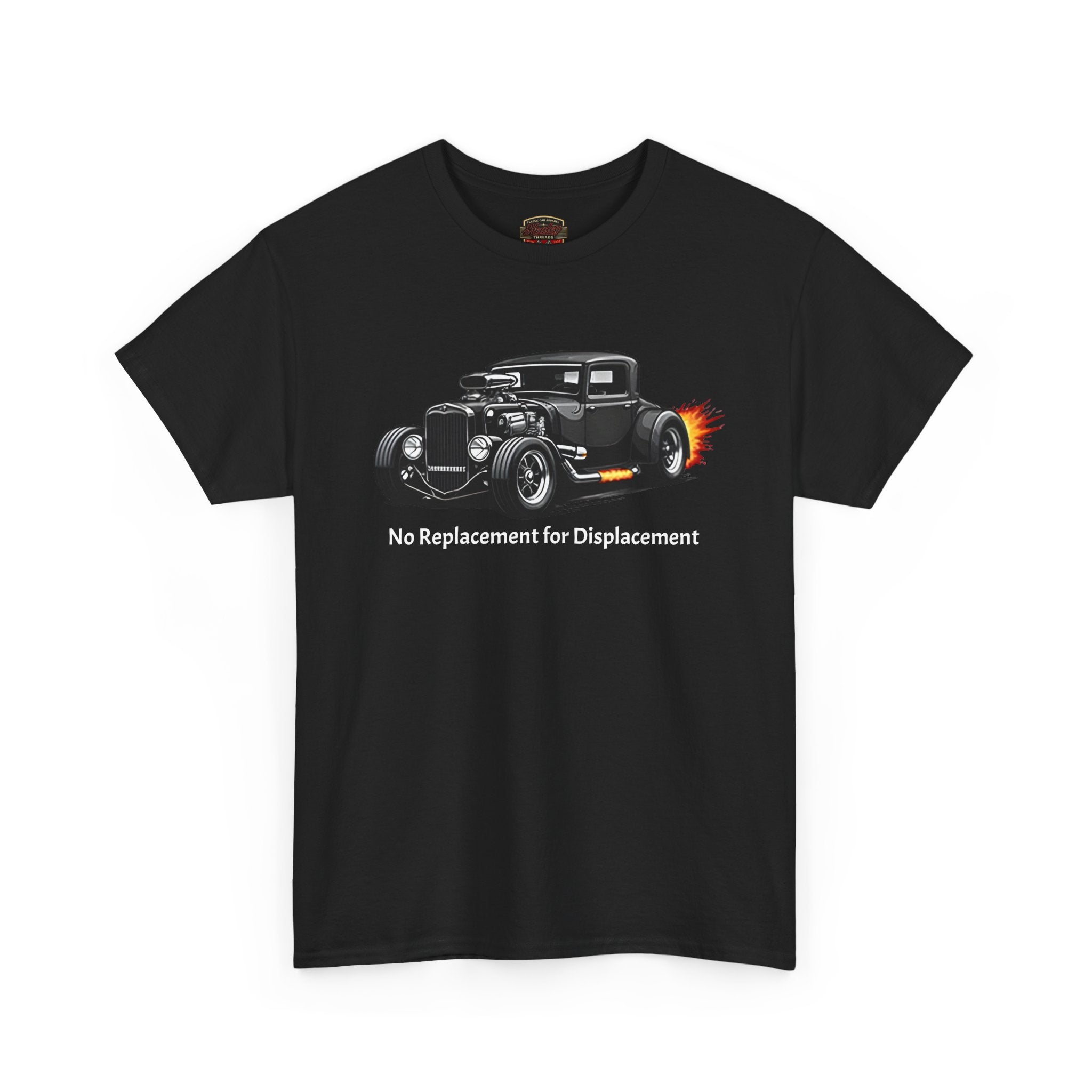 Black t-shirt with a hot rod graphic and text on a white background