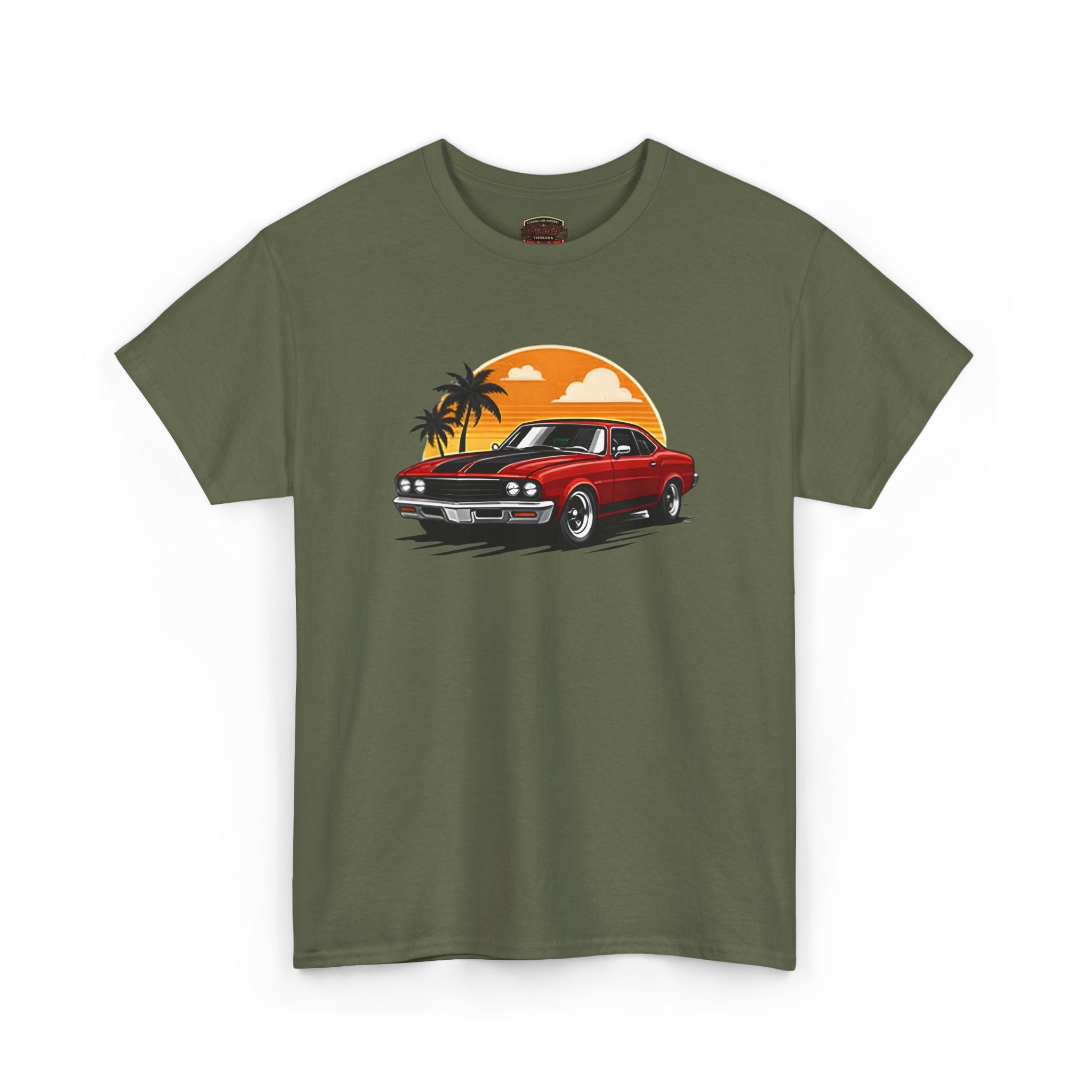 Military green t-shirt with a red car and sunset graphic on a white background
