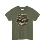 Military green t-shirt with classic car graphic and text on a white background