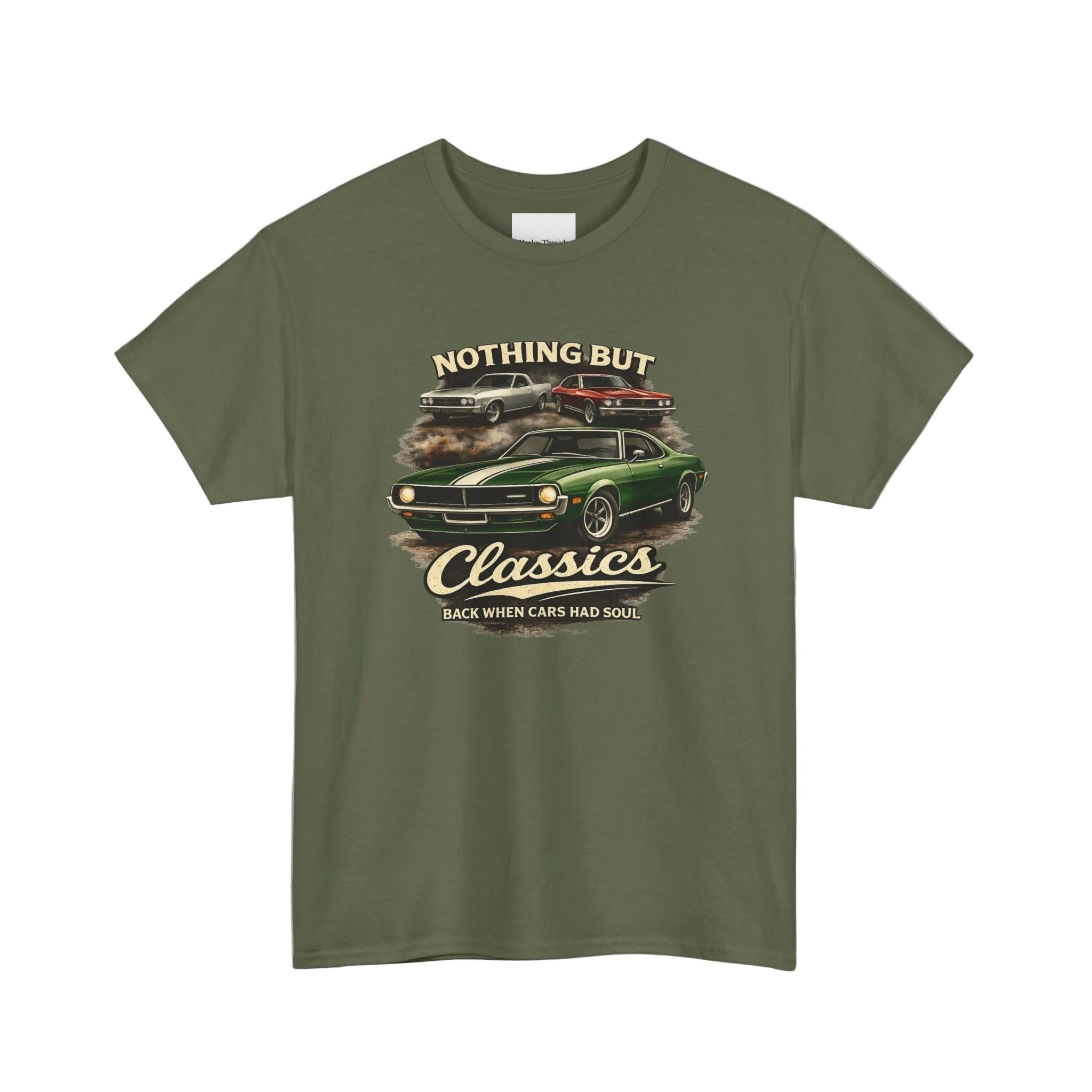 Military green t-shirt with classic car graphic and text on a white background