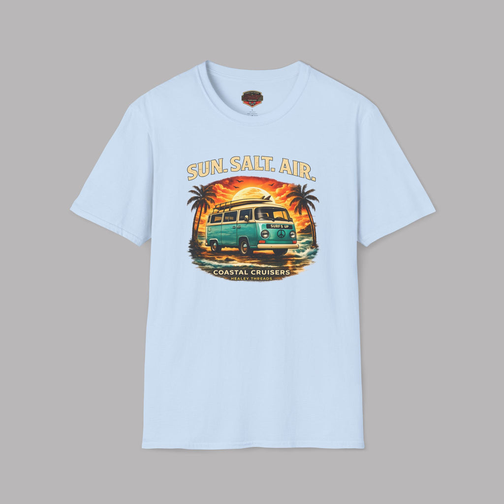 Light blue t-shirt with a graphic of a van and sunset text 'Sun, Salt, Air' on a gray background