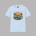 Light blue t-shirt with a graphic of a van and sunset text 'Sun, Salt, Air' on a gray background