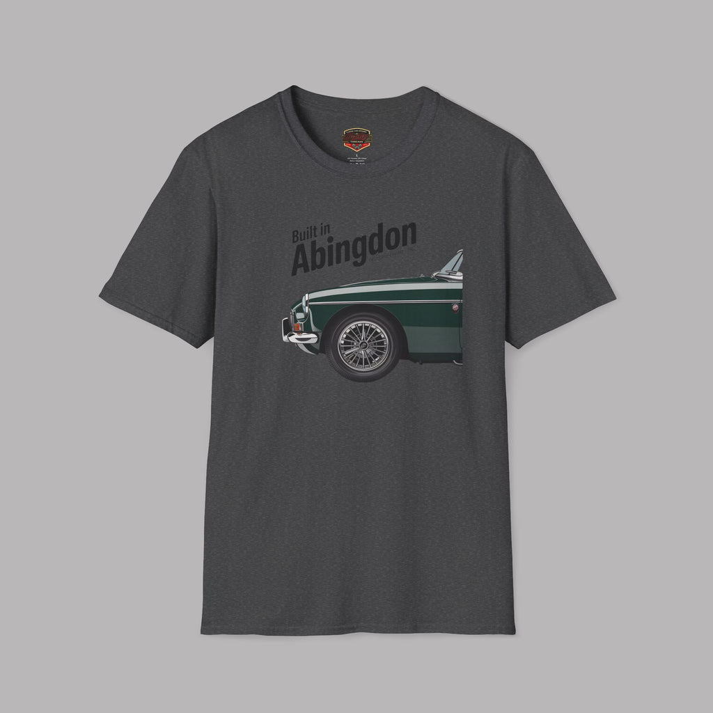 Dark heather t-shirt with a graphic of a classic car and 'Built in Abingdon' text on a gray background