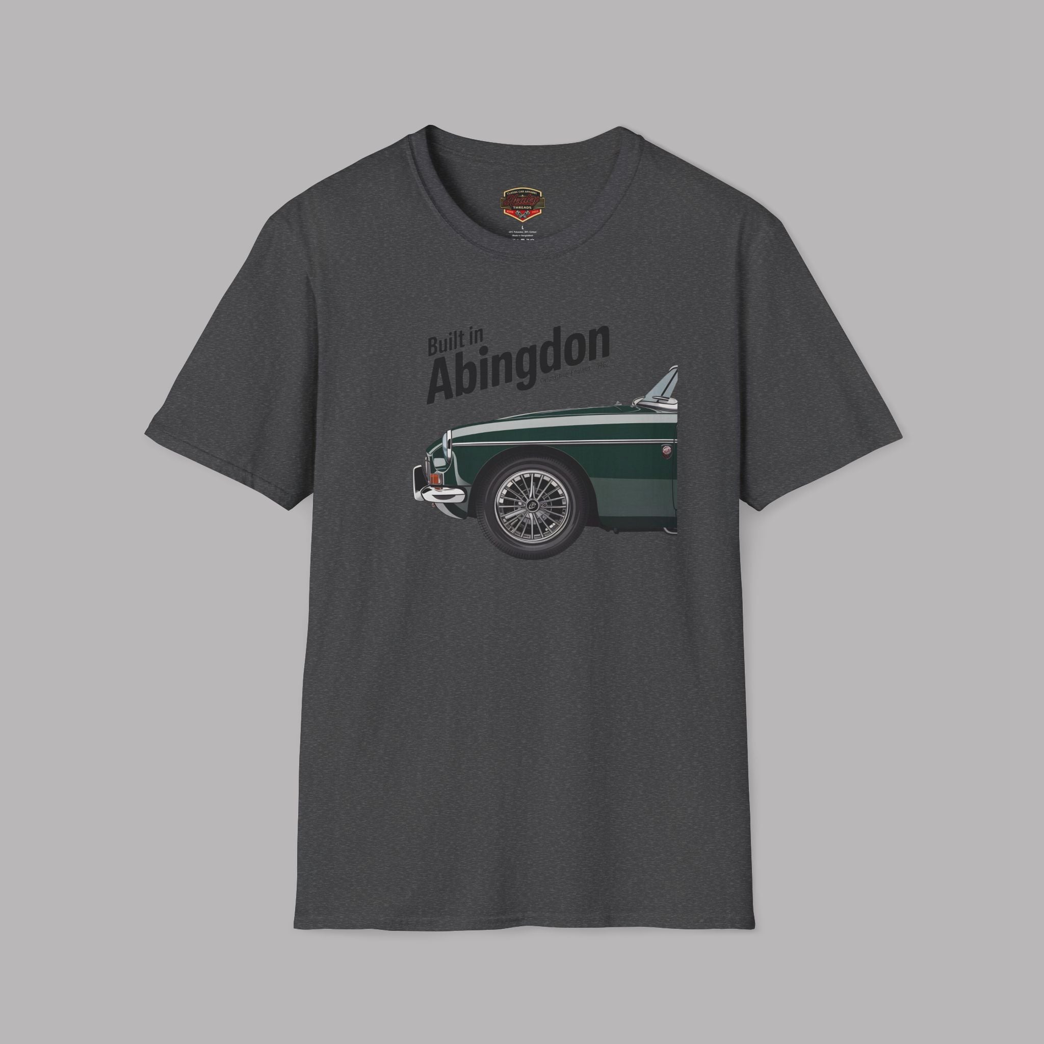 Dark heather t-shirt with a graphic of a classic car and 'Built in Abingdon' text on a gray background