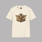 Natural t-shirt with a gold and brown custom Healey emblem on a gray background