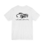Back of a ash t-shirt with black graphic of a classic car and 'Austin Healey' text on a white background