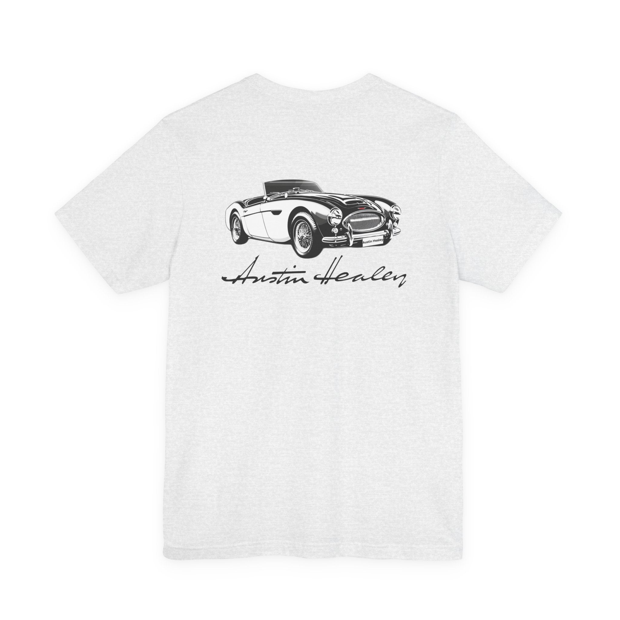 Back of a ash t-shirt with black graphic of a classic car and 'Austin Healey' text on a white background