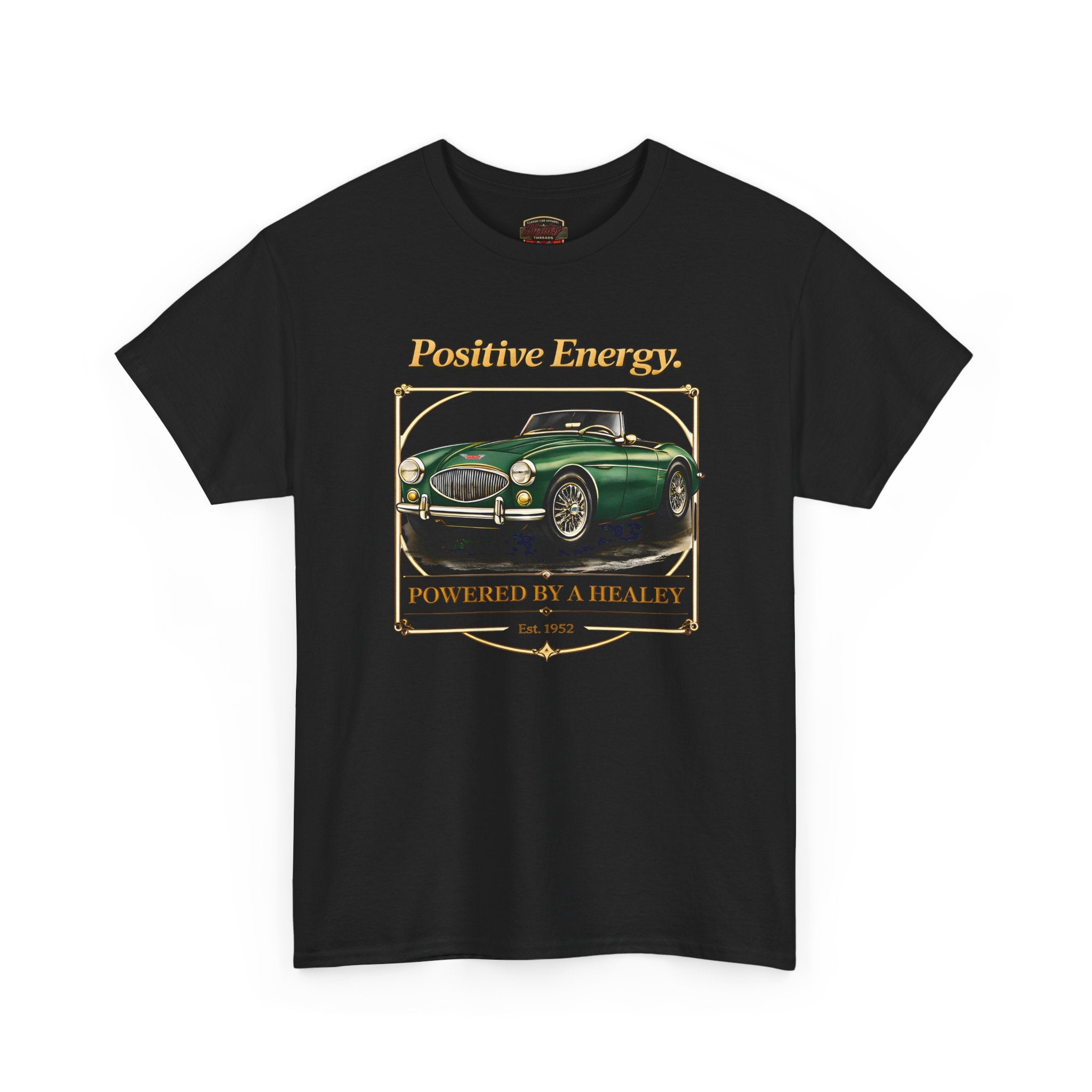 Black t-shirt with a green classic car graphic and 'Positive Energy' text on a white background