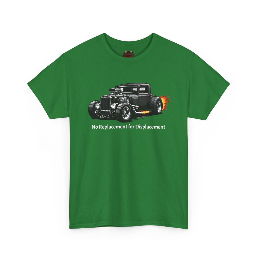 Turf green t-shirt with a hot rod graphic and text on a white background