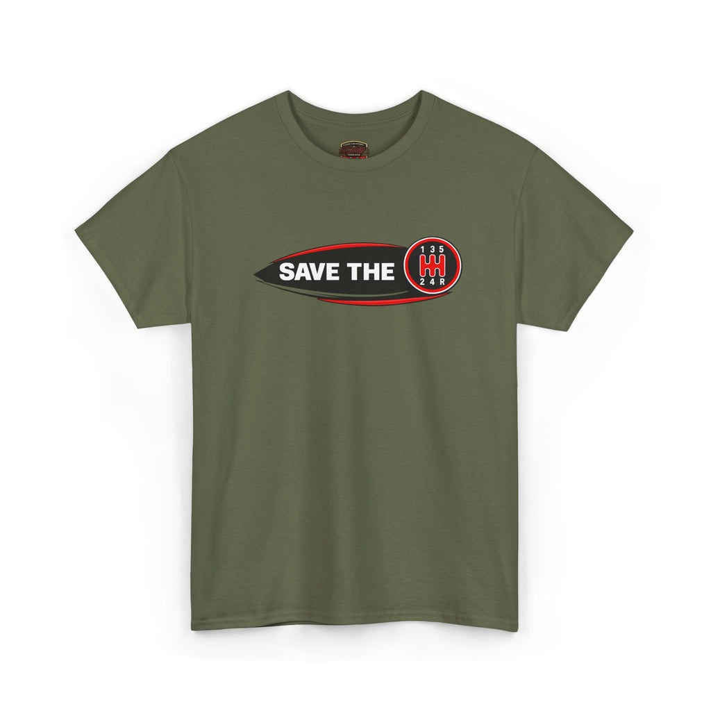 Military green t-shirt with 'Save the stick shift' graphic design on a white background