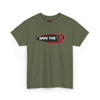 Military green t-shirt with 'Save the stick shift' graphic design on a white background