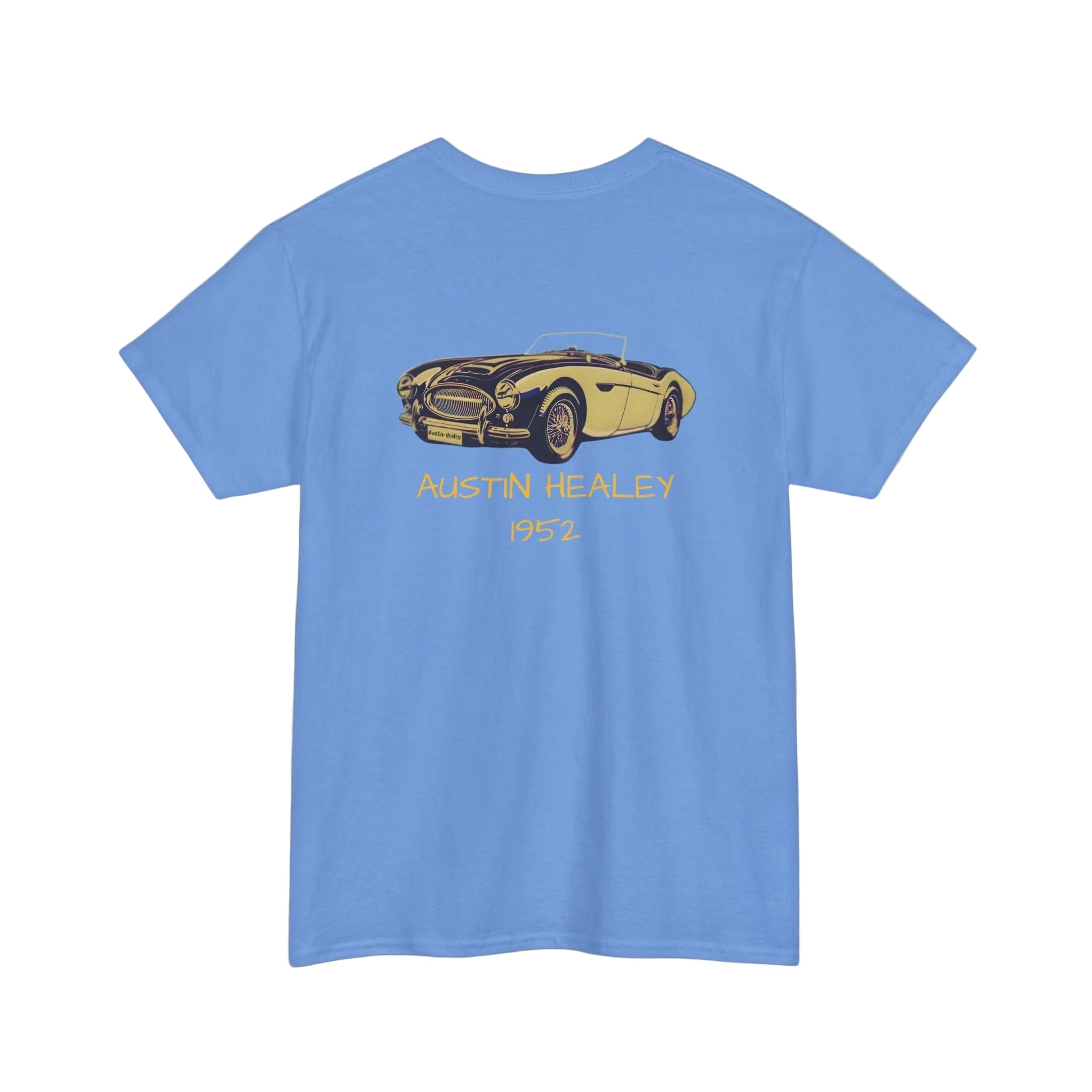 Back view of a Carolina blue t-shirt with Austin Healey car graphic on a white background