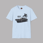 Light blue t-shirt with a graphic of a car and palm trees on a gray background