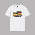White t-shirt with a graphic of a car and 'Built to be Driven' text on a gray background