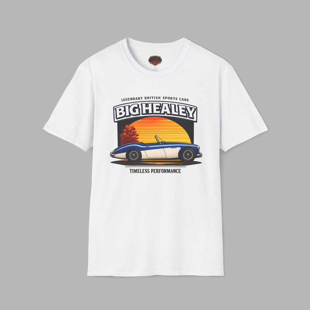 Big Healey graphic white colored t-shirt featuring a blue and white Austin Healey roadster with retro sunset artwork and vintage British sports car typography by Healey Threads