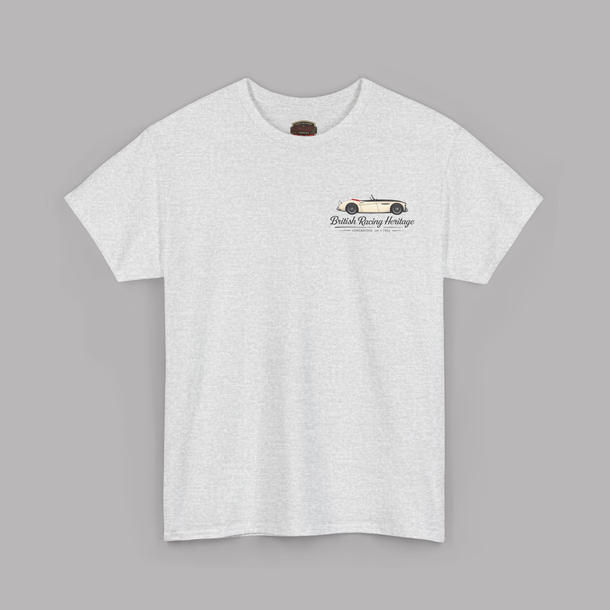 Ash t-shirt with a Healey car design and black text on a gray background